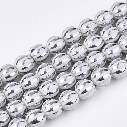 Electroplate Glass Beads Strands, Round with Stripe, Silver, 10x9.5mm, Hole: 1.2mm, about 30pcs/strand, 11.2 inch(EGLA-S177-11B-07)