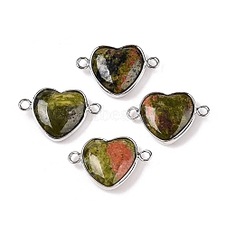 Natural Unakite Love Heart Pendants, Brass Heart Charms, Platinum, 15.5x23x6mm, Hole: 1.8~2mm(G-T138-205L-P)