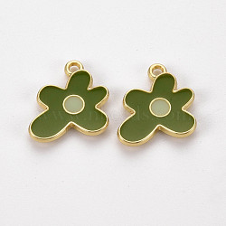 Rack Plating Light Gold Alloy Enamel Pendants, Cadmium Free & Lead Free, Flower, Dark Olive Green, 17x16x2mm, Hole: 1.6mm(ENAM-Q444-013F-RS)