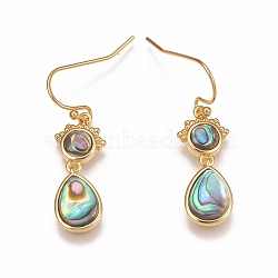 Brass Micro Pave Clear Cubic Zirconia Dangle Earrings, with Natural Abalone Shell/Paua Shell and Ear Nuts, Teardrop, Golden, 32mm, Pin: 0.6mm(EJEW-F259-02A-G)