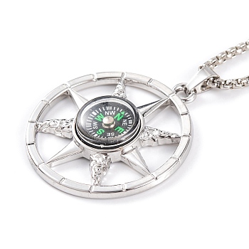 Titanium Steel Box Chain Necklaces, Alloy Compass Pendant Necklaces , Stainless Steel Color, 24.21 inch(61.5cm)