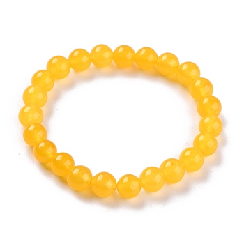 Dyed Natural Jade Beads Stretch Bracelets, Round, Gold, Inner Diameter: 2-1/4 inch(5.7cm), Bead: 8~8.5mm
