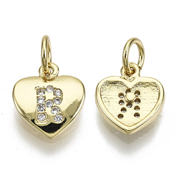 Brass Micro Pave Clear Cubic Zirconia Charms, with Jump Ring, Heart with Letter, Real 16K Gold Plated, Nickel Free, Letter.R, 10x9x2mm, Jump Ring: 5x1mm, 3mm inner diameter