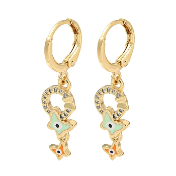 Real 18K Gold Plated Brass Dangle Leverback Earrings, with Enamel and Cubic Zirconia, Butterfly, Pale Turquoise, 35x9mm