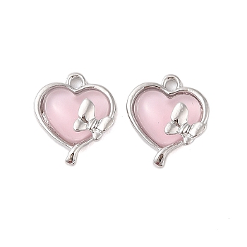 Alloy & Resin Pendants, Heart Charms, Platinum, Pink, 17x14x7mm, Hole: 1.6mm