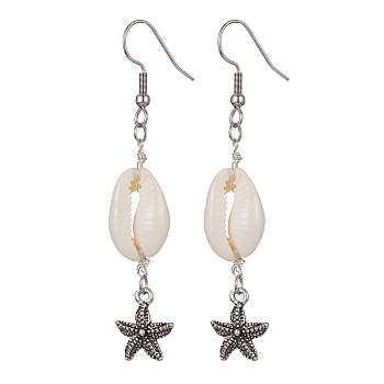 Natural Shell Dangle Earrings, Tibetan Style Alloy Long Drop Earrings with 304 Stainless Steel Pins, Starfish, 66x12mm