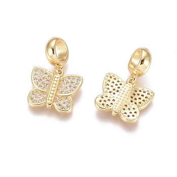 Brass Micro Pave Cubic Zirconia European Dangle Charms, Large Hole Pendants, Butterfly, Clear, Golden, 21mm, Butterfly: 12.5x13.5x2mm, Hole: 5mm