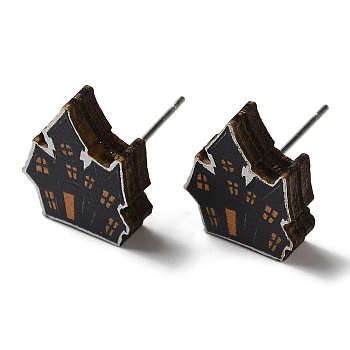 Wood Stud Earrings, with 316 Surgical Stainless Steel Pin, Halloween Theme, Black, Haunted House, 15x12mm