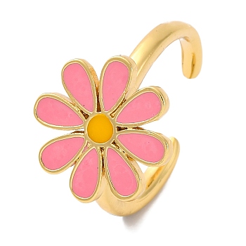 Rack Plating Flower Brass Enamel Open Cuff Rings for Women, Lead Free & Cadmium Free, Long-Lasting Plated, Real 18K Gold Plated, Lavender Blush, 15mm