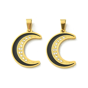 Ion Plating(IP) 304 Stainless Steel Pendants, with Enamel and Rhinestone, Real 18K Gold Plated, Moon Charm, Black, 27x20x2mm, Hole: 6.5x4mm