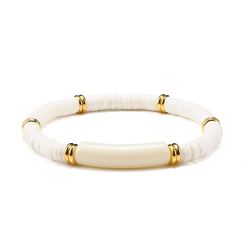 Curved Tube Acrylic Beads Stretch Bracelet for Teen Girl Women, Disc Polymer Clay Beads Bracelet, Golden, White, Inner Diameter: 2-3/8 inch(6cm)