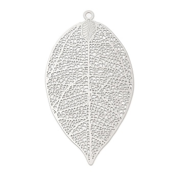 304 Stainless Steel Filigree Pendants, Etched Metal Embellishments, Leaf Charm, Stainless Steel Color, 55x29.5x0.2mm, Hole: 1.8mm