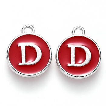Platinum Plated Alloy Enamel Charms, Cadmium Free & Lead Free, Enamelled Sequins, Flat Round with Letter, Red, Letter.D, 14x12x2mm, Hole: 1.5mm