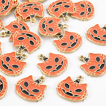 Rack Plating Eco-Friendly Alloy Enamel Pendants, Halloween Theme, Cadmium Free & Lead Free, Light Gold, Pumpkin Jack-O'-Lantern, Dark Orange, 20x19.5x1.5mm, Hole: 1.8mm