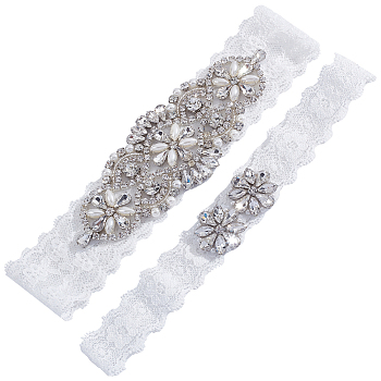Lace Elastic Bridal Garters, Flower Pattern, Wedding Garment Accessories, with Imitation Pearl Beads & Rhinestone, White, 120mm and 125mm Inner Diameter, 26mm and 49mm, 2pcs/set