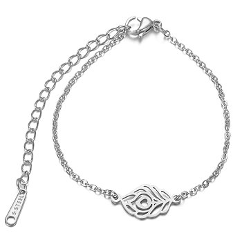 201 Stainless Steel Link Bracelets, with Cable Chains and Lobster Claw Clasps, Feather, Stainless Steel Color, 6-1/8 inch~6-7/8 inch(15.6~17.6cm), 1.5mm
