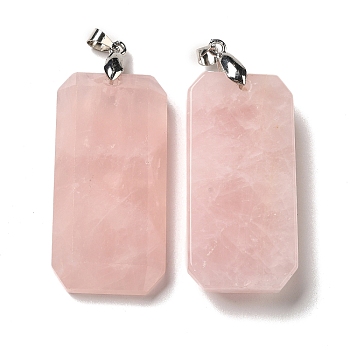 Natural Rose Quartz Pendants, Faceted Rectangle Charms, with Platinum Plated Brass Snap on Bails, Lead Free & Cadmium Free, 40~41x20~21x6~9mm, Hole: 4.3x3.8mm