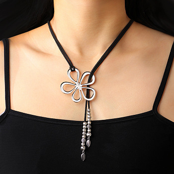 Flower Hollow Flower Bohemian Style Alloy Pendant Black Faux Suede Cord Lariat Necklaces for Women, Antique Silver, 20.87 inch(53cm)
