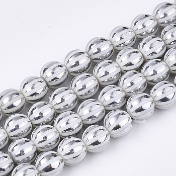 Electroplate Glass Beads Strands, Round with Stripe, Silver, 10x9.5mm, Hole: 1.2mm, about 30pcs/strand, 11.2 inch