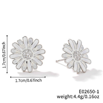 Cute Fashionable Sunflower Brass Clear Cubic Zirconia Stud Earrings for Women, Trendy and Versatile, Platinum, 17x17mm