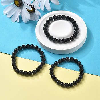 Natural Obsidian Stretch Beaded Bracelets, Round, Inner Diameter: 2-1/8 inch(5.5cm), Beads: 8~9mm