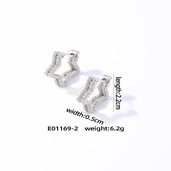 French Romantic Brass Hollow Star Hoop Earrings with Luxurious Fashionable Style, Platinum, 22x5mm