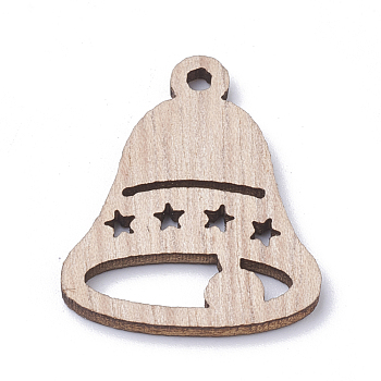 Undyed Wooden Pendants, Bell with Star, BurlyWood, 30.5x24.5x2mm, Hole: 2mm