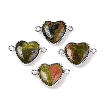 Natural Unakite Love Heart Pendants, Brass Heart Charms, Platinum, 15.5x23x6mm, Hole: 1.8~2mm