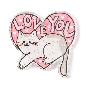 Cat Theme Acrylic Pendants, Heart, 34x35x2.5mm, Hole: 1.7mm