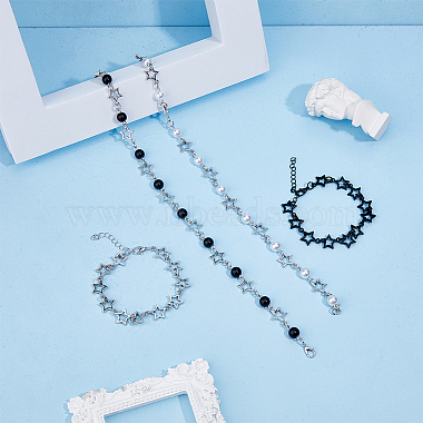 4Pcs 4 Style Alloy Hollow Star Link Chain Bracelets & Necklaces with ABS Plastic Pearl Beaded(SJEW-FI0001-09)-3