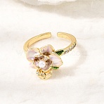 Barss Enamel Cuff Open Rings for Women, Flower, with Rhinestone & Plastic Imitation Pearl, Golden, 17mm, Flower: 12x15mm(KK-CBA1C83-01A-G)