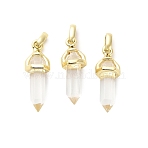 Natural Quartz Crystal Double Terminal Pointed Pendant, Rock Crystal Faceted Bullet Charms with Brass Findings, Ion Plating(IP), Golden, 21x7x7.5mm, Hole: 3.5x2mm(G-H097-01G-02)