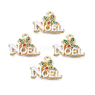 Rack Plating Alloy Enamel Pendants, Cadmium Free & Nickel Free & Lead Free, Light Gold, Holly Leaves/Christmas Mistletoe with Word Noel, White, 14.5x19x2.5mm, Hole: 1.4mm(X-ENAM-N055-140)