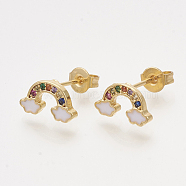 Brass Cubic Zirconia Stud Earrings, with Enamel and Ear Nuts, Rainbow, Golden, White, 6x11mm, Pin: 0.7mm(EJEW-S201-169E)