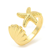 Starfish & Shell Rack Plating Brass Open Cuff Rings, for Women, Lead Free & Cadmium Free, Long-Lasting Plated, Real 18K Gold Plated, US Size 8(18.1mm)(RJEW-N047-02G-RS)