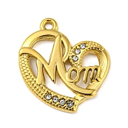 Ion Plating(IP) Real 18K Gold Plated 304 Stainless Steel Rhinestone Pendants, Heart with Word Mom Charms, for Mother's Day, Crystal, 21x18.5x2mm, Hole: 1.4mm(STAS-P341-09G-02)