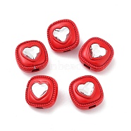 Spray Painted Alloy Bead, with Glass, Square with Heart, Crimson, 12x12x7.5mm, Hole: 2.5mm(PALLOY-H134-30)