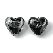 Handmade Silver Foil Glass Beads, Heart, Black, 20x21x12.5mm, Hole: 1.8mm(FOIL-B001-05C)