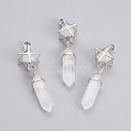 Natural Quartz Crystal Pendants, Rock Crystal Pendants, Pointed Pendants, with Platinum Tone Brass Findings, Star & Bullet, 72mm, Hole: 7x5mm(G-L512-M04)