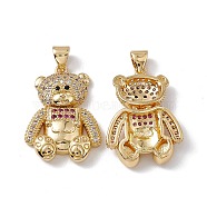 Brass Micro Pave Cubic Zirconia Pendants, Bear Charm, Real 18K Gold Plated, Hot Pink & Clear, 24.5x18x4.5mm, Hole: 4x3mm(KK-B061-20G-04)