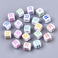 Opaque White Acrylic Beads, with Enamel, Horizontal Hole, Cube with Mixed Color Letter, Letter.R, 6x6x6mm, Hole: 3mm, about 2900pcs/500g(SACR-R252-02R)