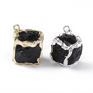 Natural Obsidian Pendants, with Rack Plating Brass Pendants, Cube Charms, Platinum & Golden, 25~30x20~25x14~19mm, Hole: 3.5x5mm(G-G978-01)