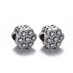 925 Sterling Silver European Beads, Large Hole Beads, with Cubic Zirconia, Carved with 925, Flower, Thai Sterling Silver Plated, 12x9.5mm, Hole: 4mm(OPDL-L017-016TAS)