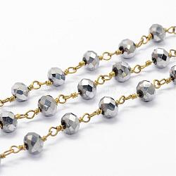 Handmade Beaded Chains, with Spool, Unwelded, Electroplated Glass Beads with Brass Findings, Faceted Rondelle, Gray, 6mm, about 32.8 Feet(10m)/roll(CHC-G314-A04)