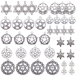 Tibetan Style Alloy Pendants, Flat Round with Star, Antique Silver, 40pcs/set(TIBEP-SC0001-28AS)
