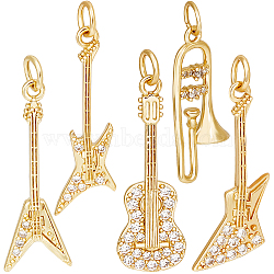 5pcs 5 style Rack Plating Brass Micro Pave Clear Cubic Zirconia Musical Instrument Pendants, with Jump Ring, Guitar & Trumpet Charm, Real 18K Gold Plated, 13.5~27.5x6~10x2mm, Hole: 2.5~3mm, 1pc/style(KK-BBC0012-92)