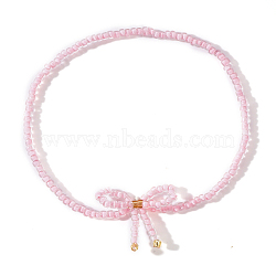 Bowknot Glass Seed Beaded Stretch Bracelets for Women, Pink, 6-1/2 inch(16.5cm)(JP0596-2)