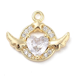 Brass with Cubic Zirconia Charms, Heart with Wing, Real 18K Gold Plated, 12x14.5x3mm, Hole: 1.2mm(KK-Q817-01G)