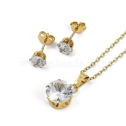 Vacuum Plating 304 & 201 Stainless Steel Cubic Zirconia Jewelry Sets, Pendant Necklaces and Stud Earrings, Heart, Flat Round, 17.40 inch(44.2cm), 7mm(SJEW-F146-02G-03)