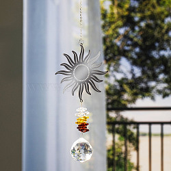 Metal Hanging Ornaments, Glass Round Tassel Suncatchers for Home Garden Decorations, Sun, 380x80mm(PW-WGA224D-01)